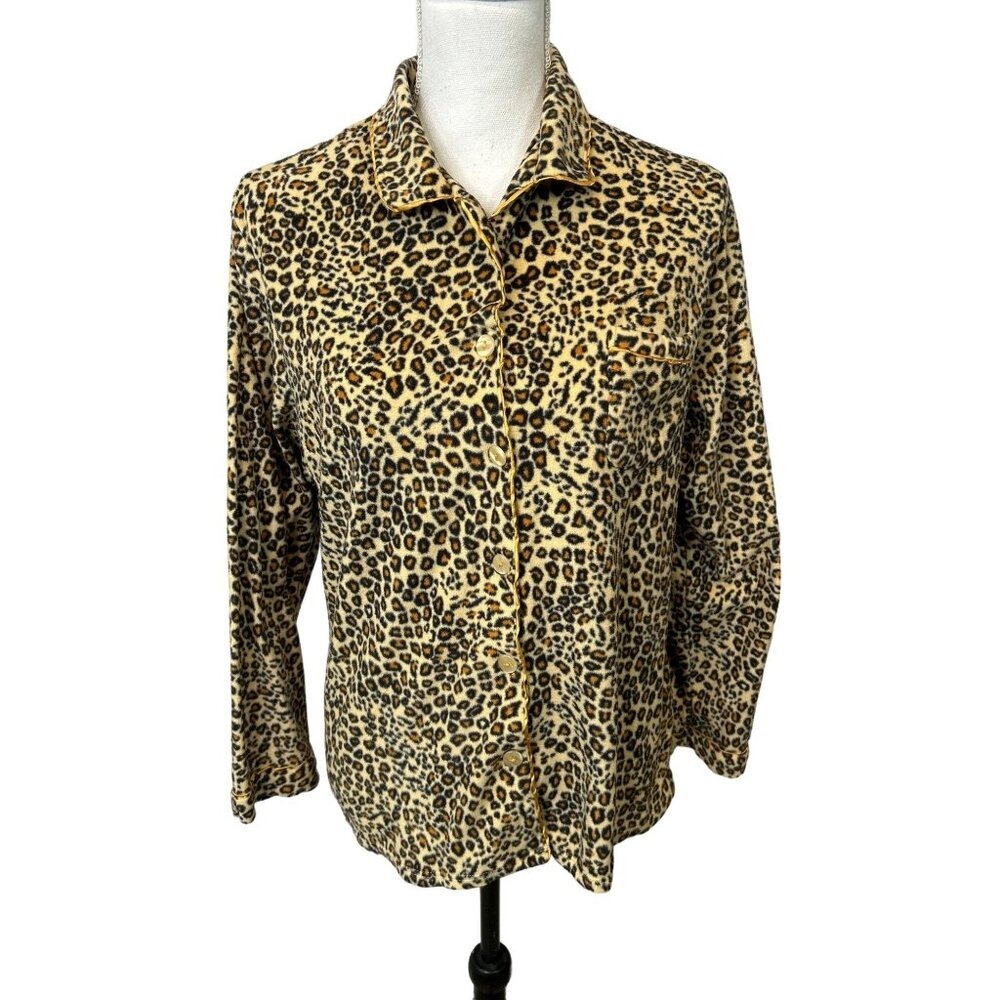 Aria Large Leopard Print Fleece Pajama‎ Top Button Front Long Sleeve Sleep Shirt